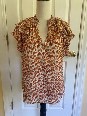 DR2 gold white animal print flutter sleeveless shirt blouse sz S.
